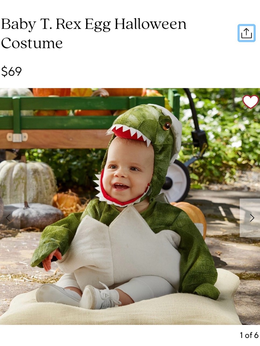 Pottery Barn Kids Green T-Rex Egg Infant Costume with White Eggfront